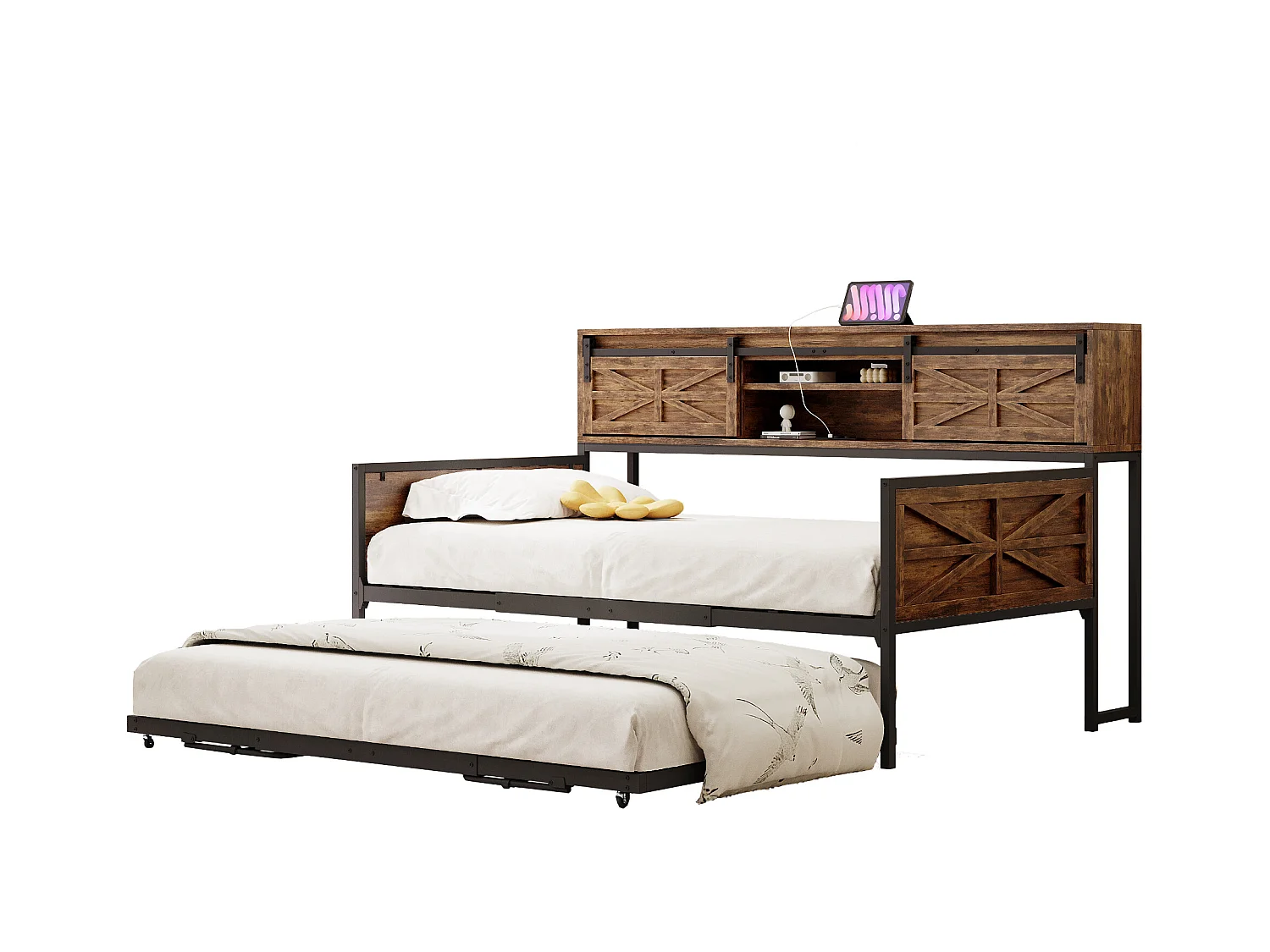 Divano letto estraibile - 90 x 200 cm + 90 x 190 cm - con contenitore e prese elettriche - legno + metallo - nero