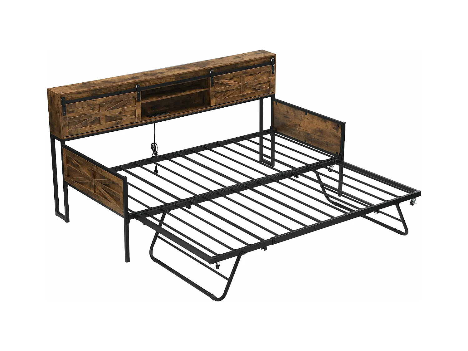 Divano letto estraibile - 90 x 200 cm + 90 x 190 cm - con contenitore e prese elettriche - legno + metallo - nero