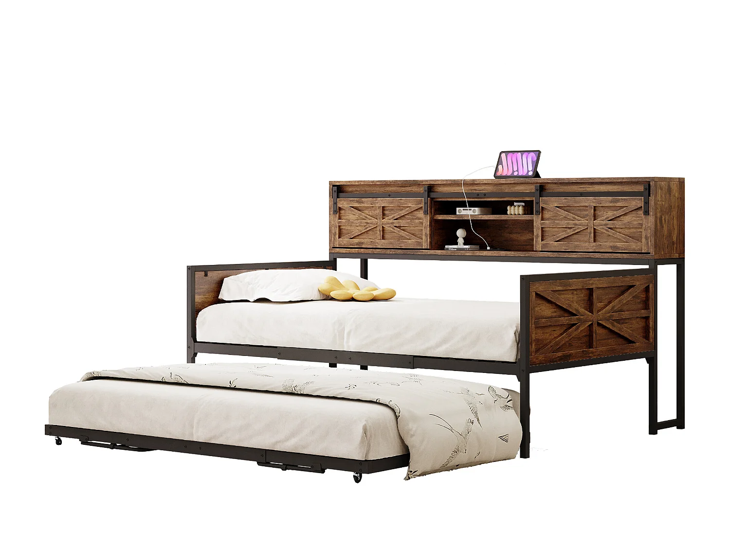 Ausziehbares Schlafsofa - 90 x 200 cm + 90 x 190 cm - mit Stauraum und Steckdosen - Holz + Metall - schwarz