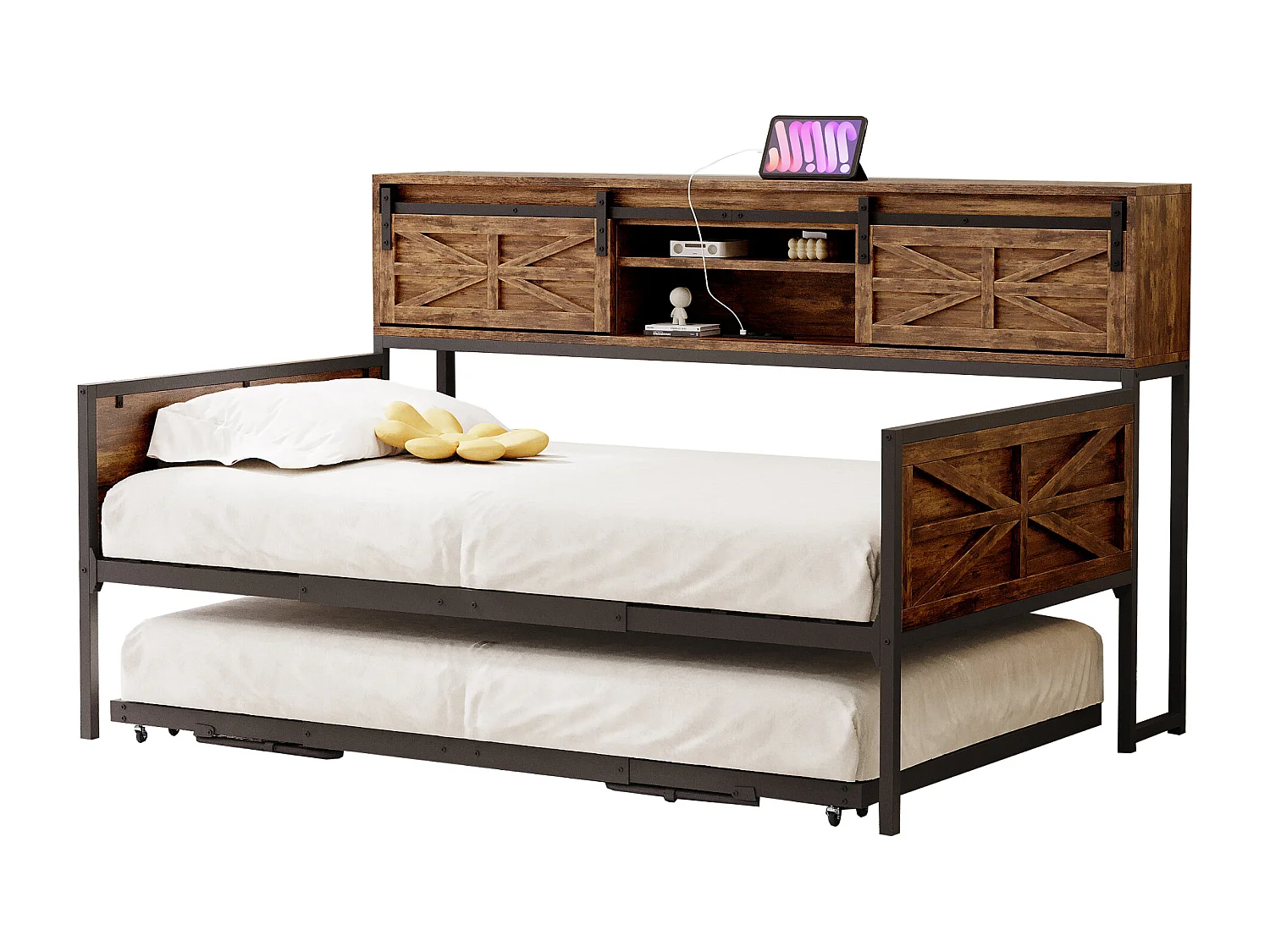 Ausziehbares Schlafsofa - 90 x 200 cm + 90 x 190 cm - mit Stauraum und Steckdosen - Holz + Metall - schwarz