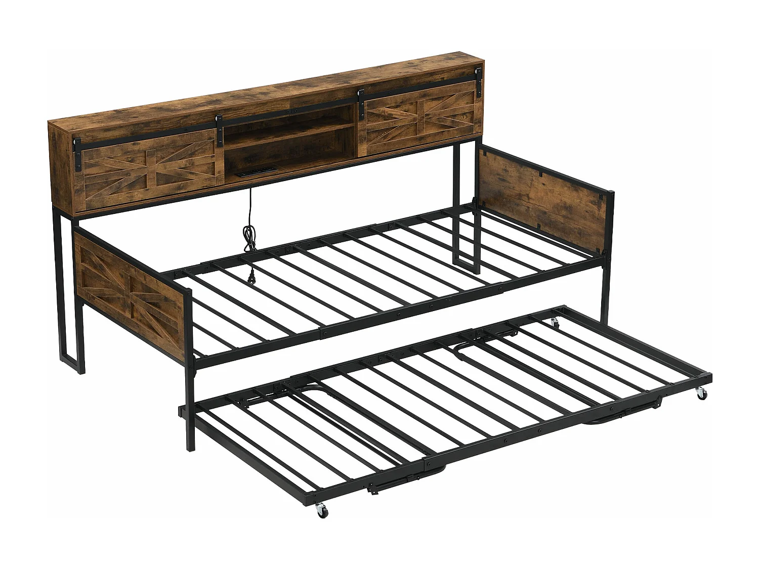 Ausziehbares Schlafsofa - 90 x 200 cm + 90 x 190 cm - mit Stauraum und Steckdosen - Holz + Metall - schwarz