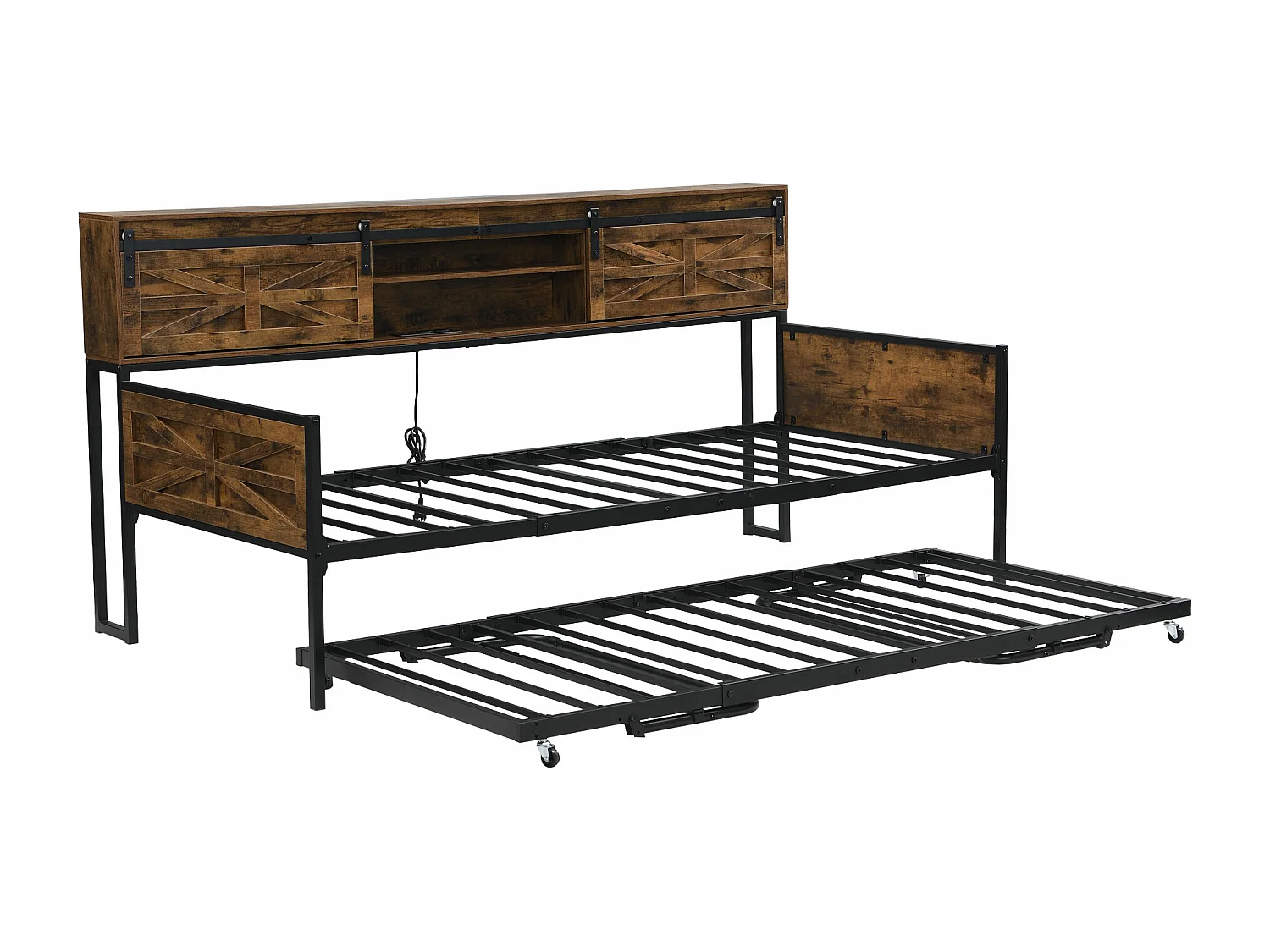 Ausziehbares Schlafsofa - 90 x 200 cm + 90 x 190 cm - mit Stauraum und Steckdosen - Holz + Metall - schwarz