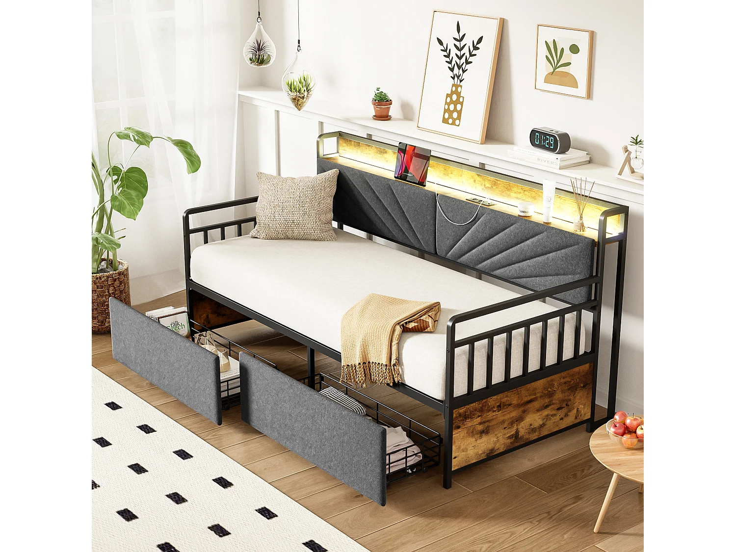 Divano letto contenitore - 90 x 200 cm - con LED + ripiani + 2 cassetti + prese - legno + metallo - nero