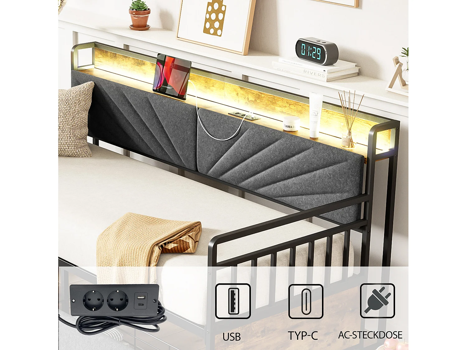 Divano letto contenitore - 90 x 200 cm - con LED + ripiani + 2 cassetti + prese - legno + metallo - nero