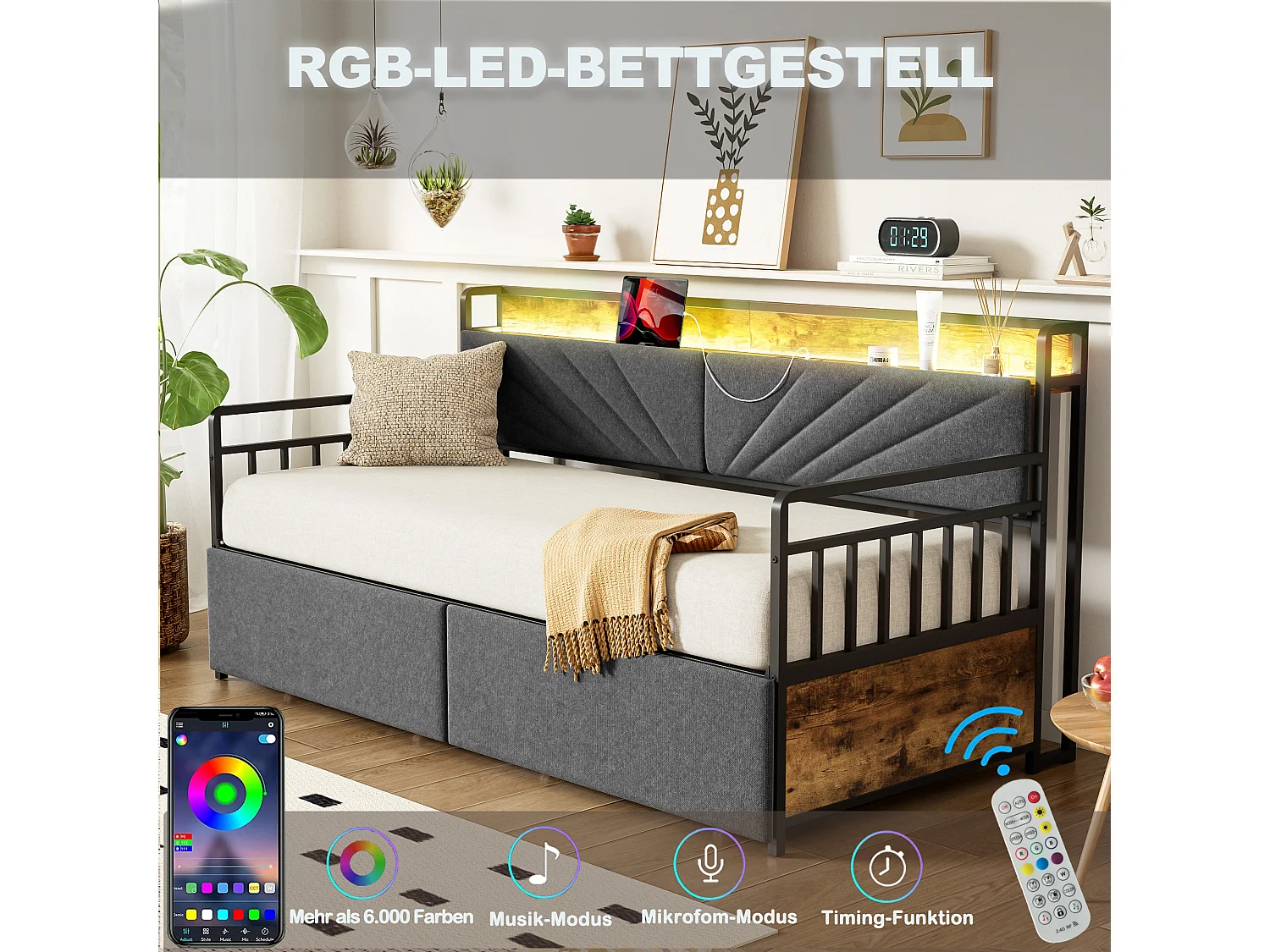 Divano letto contenitore - 90 x 200 cm - con LED + ripiani + 2 cassetti + prese - legno + metallo - nero