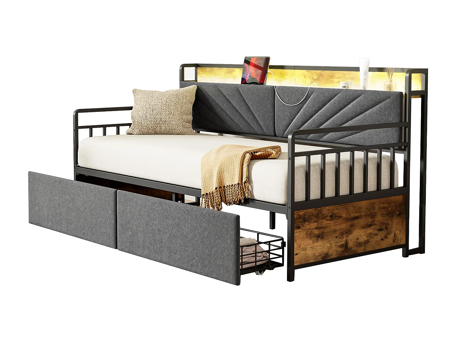 Divano letto contenitore - 90 x 200 cm - con LED + ripiani + 2 cassetti + prese - legno + metallo - nero