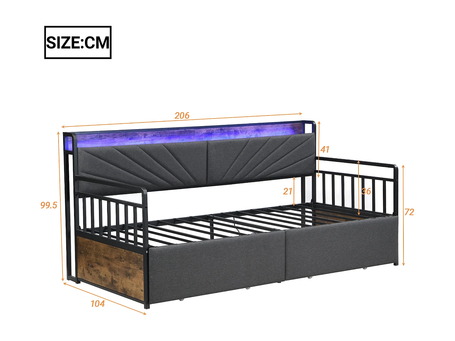 Divano letto contenitore - 90 x 200 cm - con LED + ripiani + 2 cassetti + prese - legno + metallo - nero