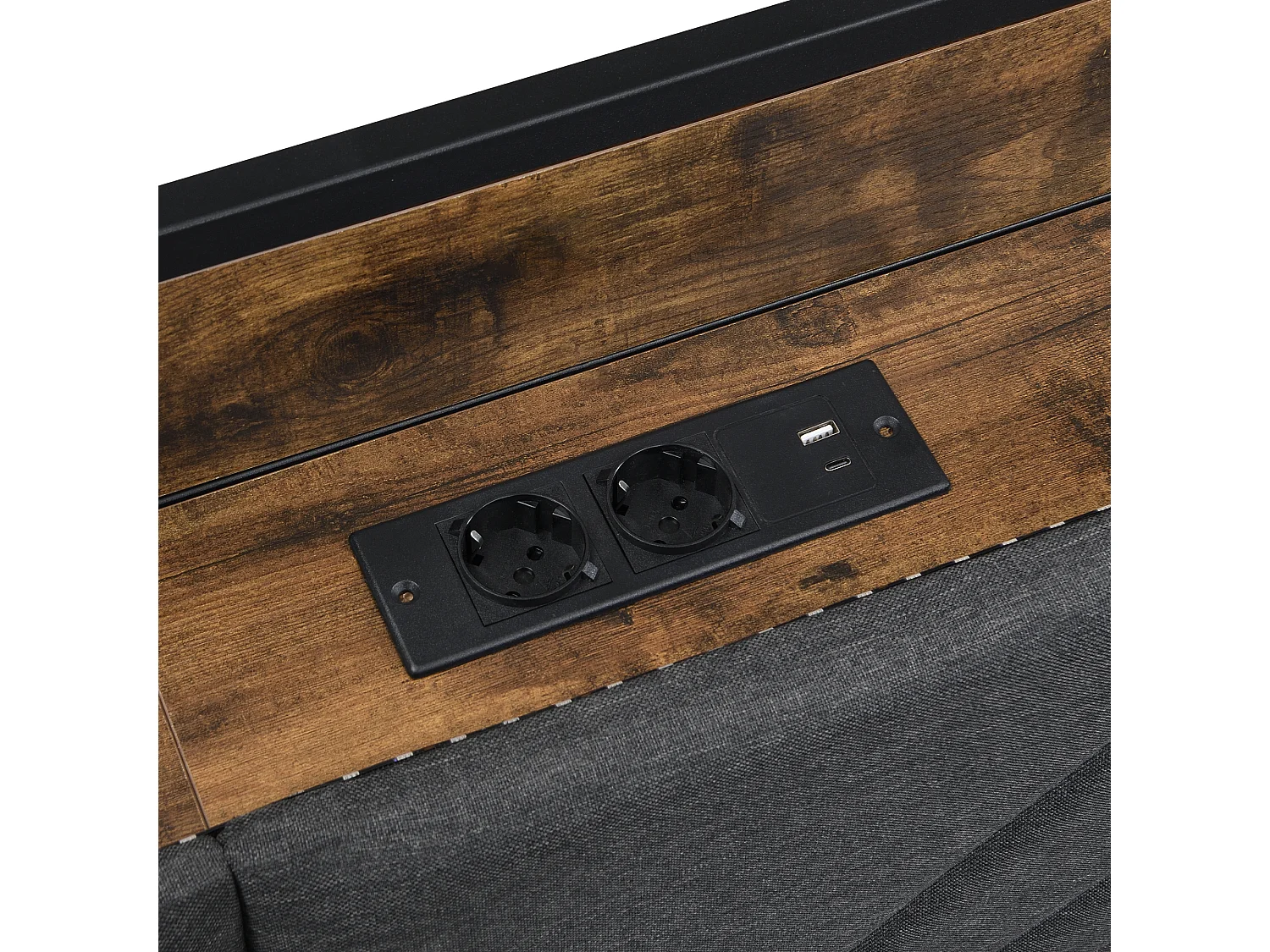 Divano letto contenitore - 90 x 200 cm - con LED + ripiani + 2 cassetti + prese - legno + metallo - nero