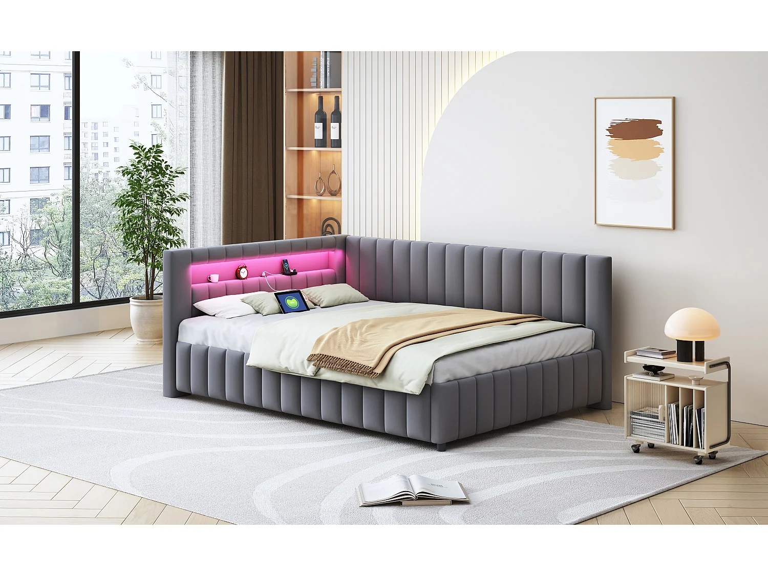 Gepolstertes Schlafsofa - 140 x 200 cm - mit LEDs + USB + Rückenlehne + Kopfteil - Samtstoff - dunkelgrau