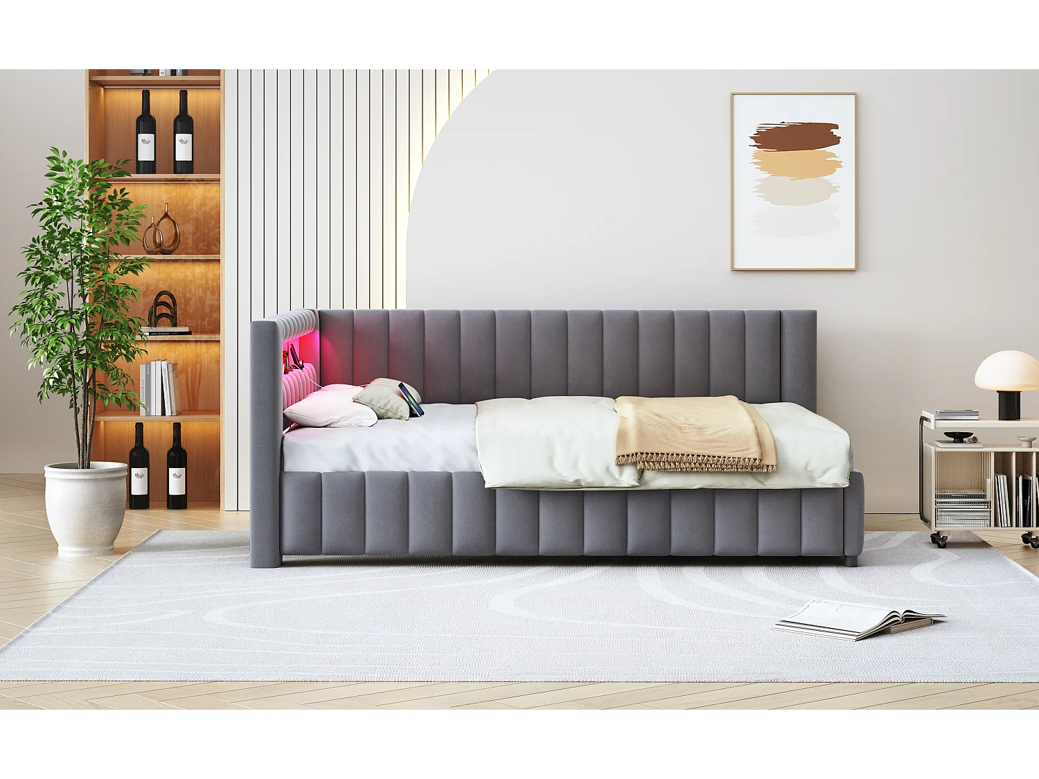 Gepolstertes Schlafsofa - 140 x 200 cm - mit LEDs + USB + Rückenlehne + Kopfteil - Samtstoff - dunkelgrau