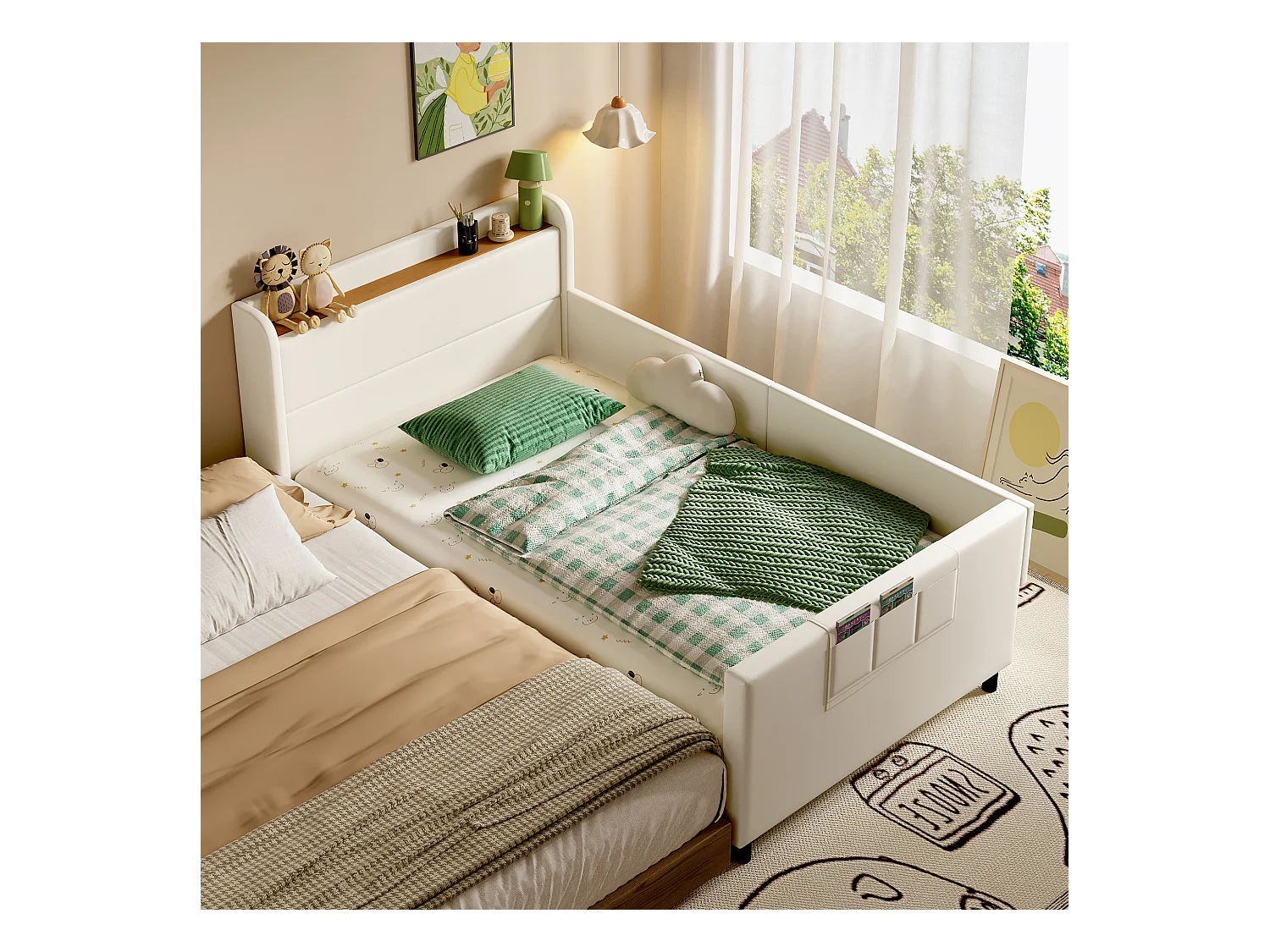 Canapé-lit rembourré pour enfant - 90 x 200 cm - avec table de chevet + rangement - PU + MDF + contreplaqué - Blanc