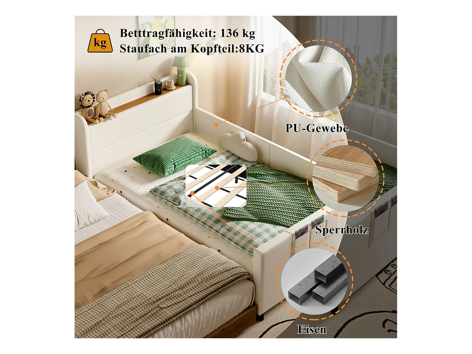 Canapé-lit rembourré pour enfant - 90 x 200 cm - avec table de chevet + rangement - PU + MDF + contreplaqué - Blanc