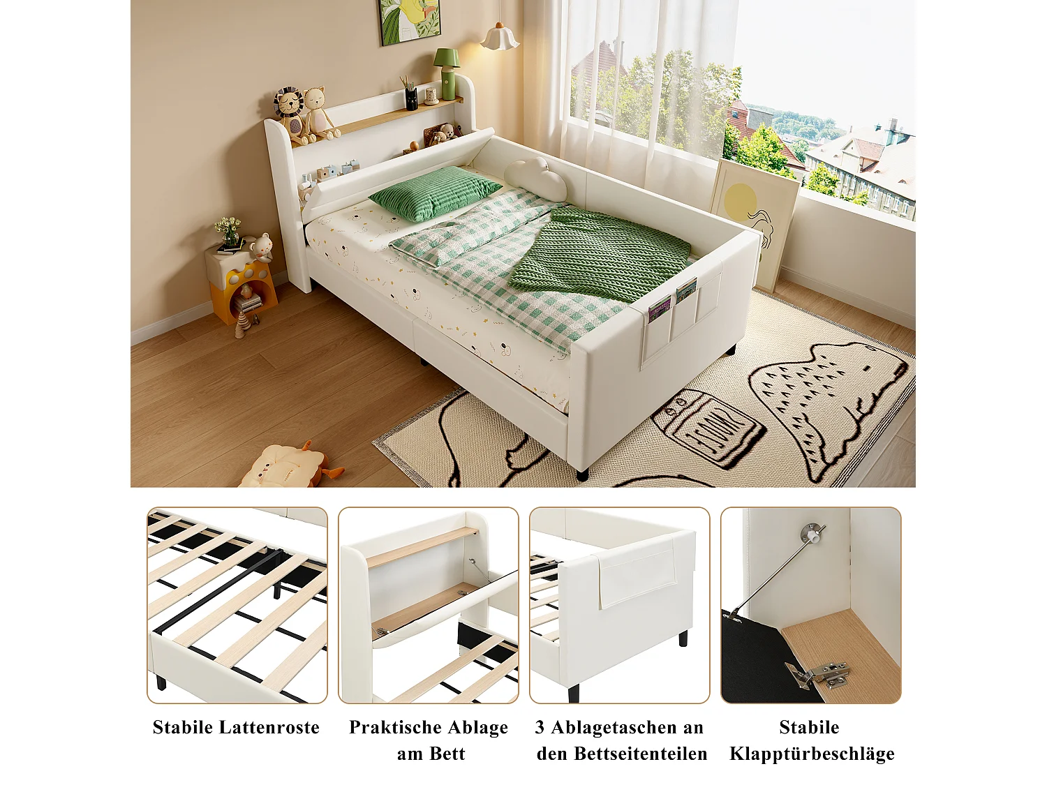 Canapé-lit rembourré pour enfant - 90 x 200 cm - avec table de chevet + rangement - PU + MDF + contreplaqué - Blanc