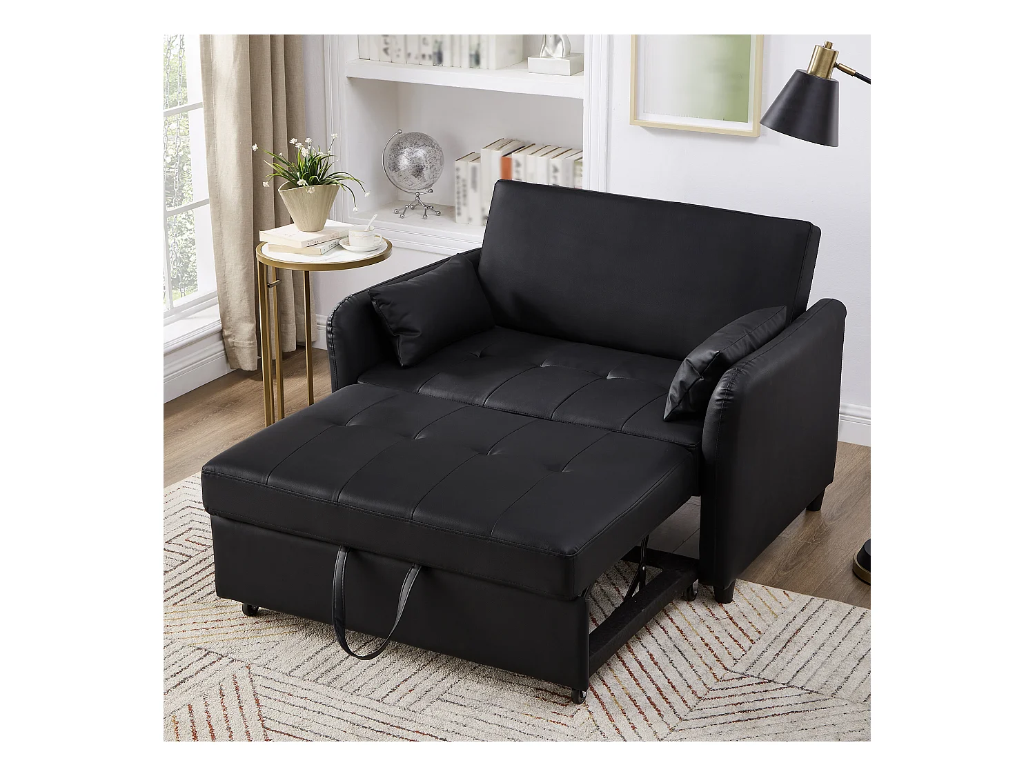 Canapé-lit extensible deux places - 100 x 113 cm - avec dossier réglable - matériau PU - noir