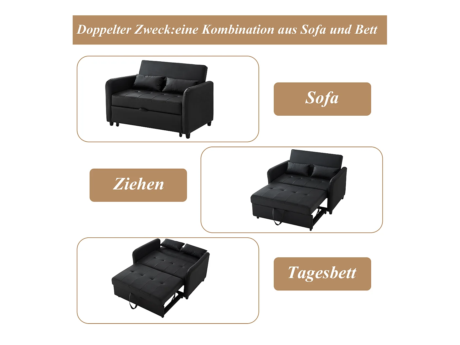 Canapé-lit extensible deux places - 100 x 113 cm - avec dossier réglable - matériau PU - noir