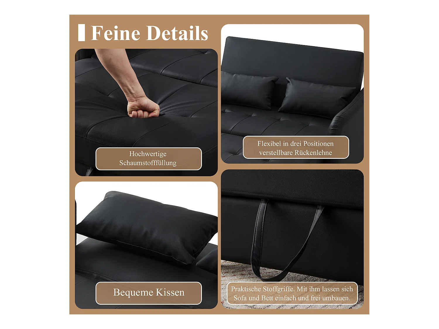 Canapé-lit extensible deux places - 100 x 113 cm - avec dossier réglable - matériau PU - noir