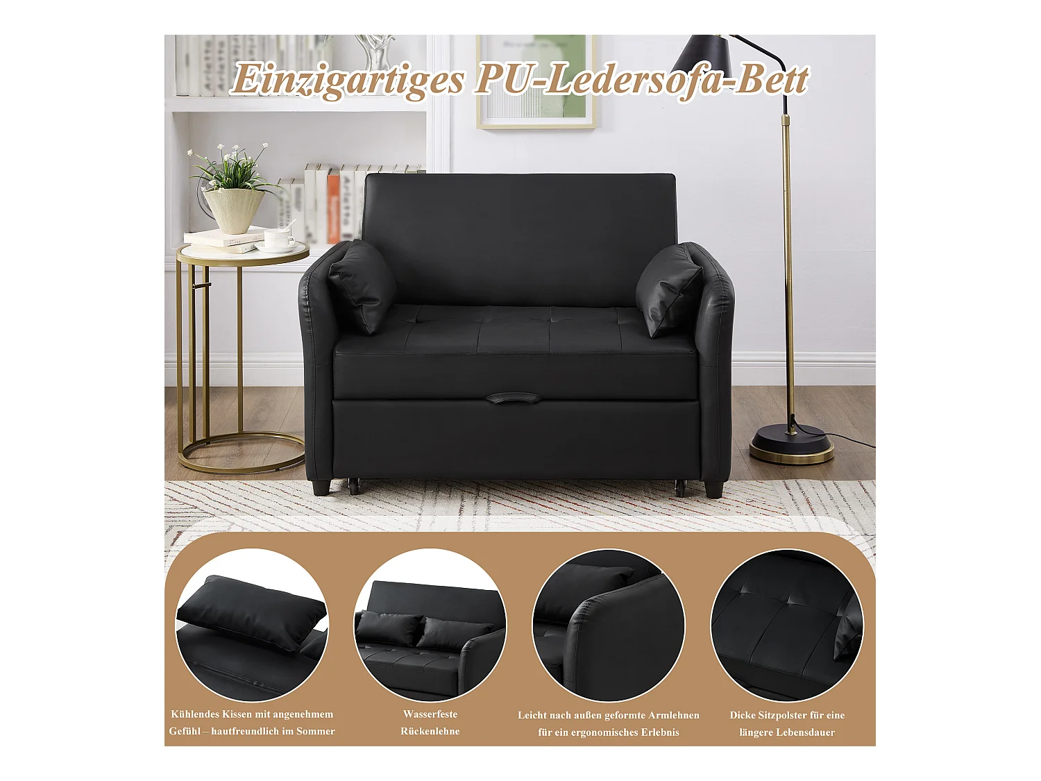 Canapé-lit extensible deux places - 100 x 113 cm - avec dossier réglable - matériau PU - noir