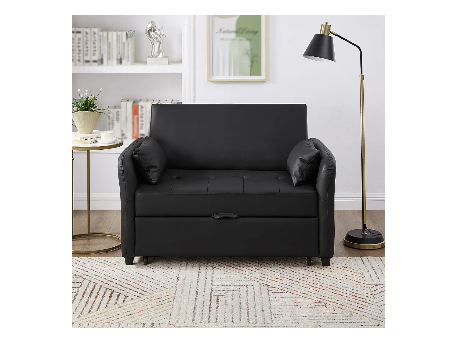 Canapé-lit extensible deux places - 100 x 113 cm - avec dossier réglable - matériau PU - noir