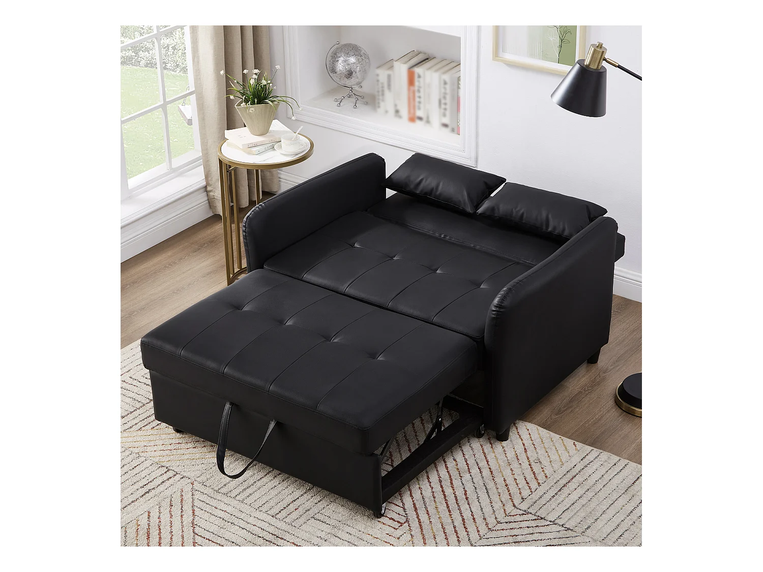 Canapé-lit extensible deux places - 100 x 113 cm - avec dossier réglable - matériau PU - noir