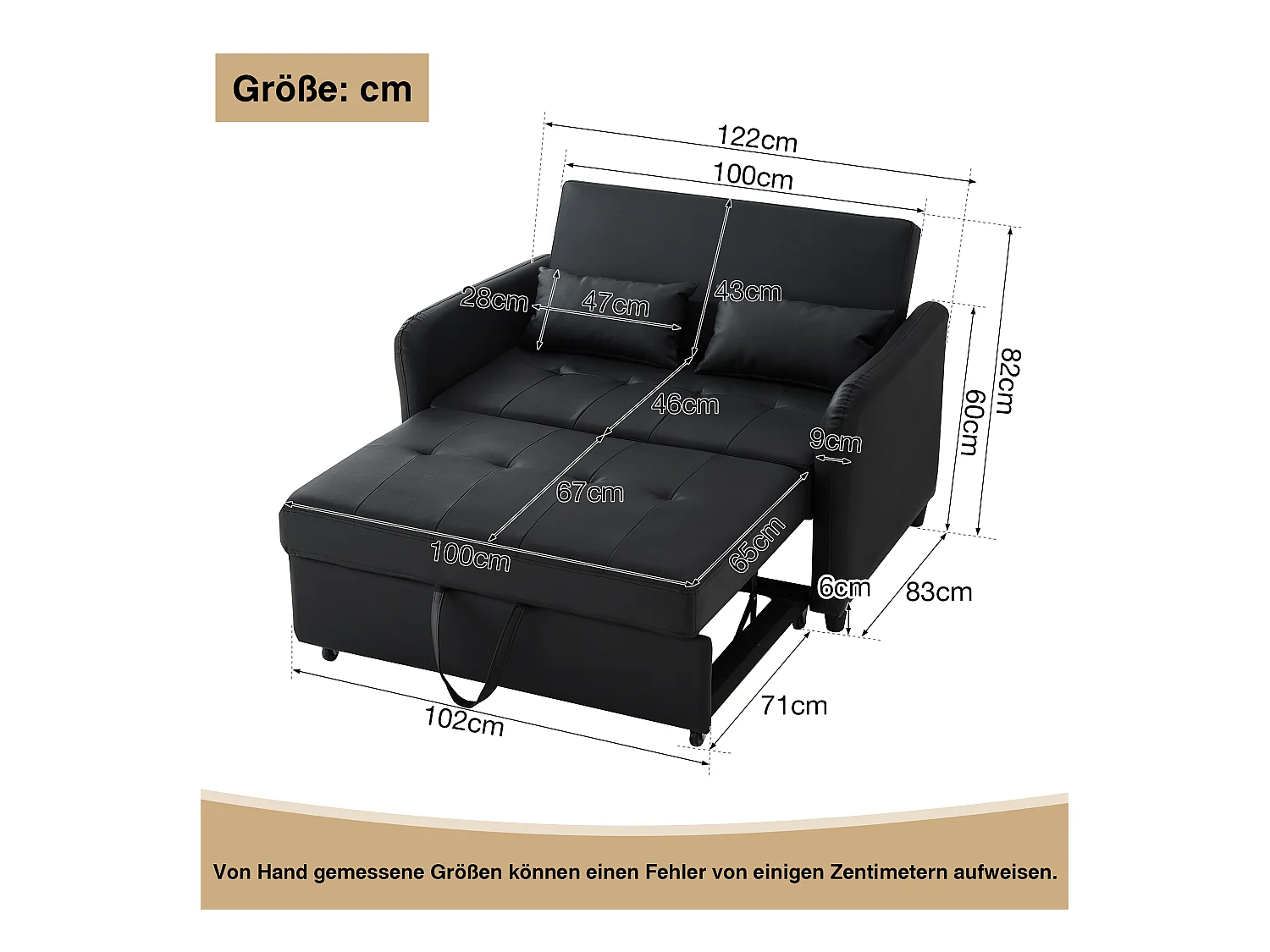 Canapé-lit extensible deux places - 100 x 113 cm - avec dossier réglable - matériau PU - noir