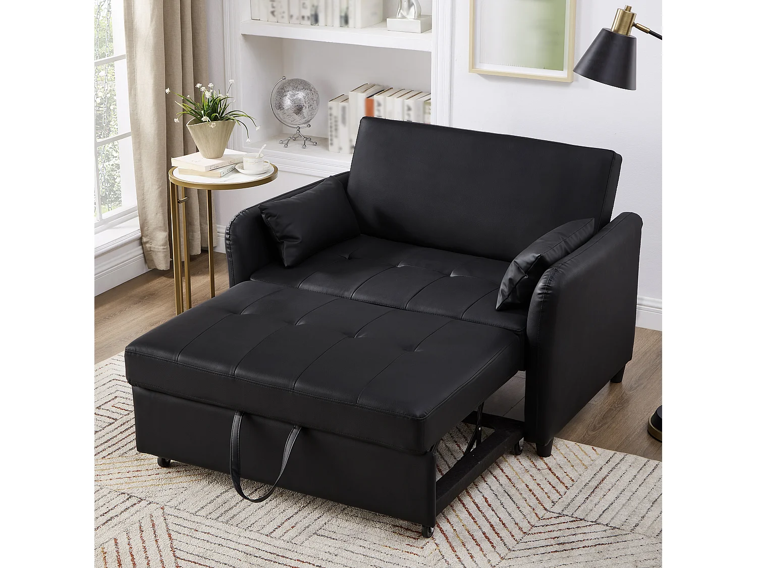 Canapé-lit extensible deux places - 100 x 113 cm - avec dossier réglable - matériau PU - noir