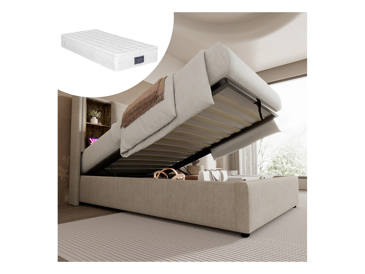 Lit coffre simple - 90 x 200 cm - avec recharge sans fil USB - avec matelas - tissu lin - naturel