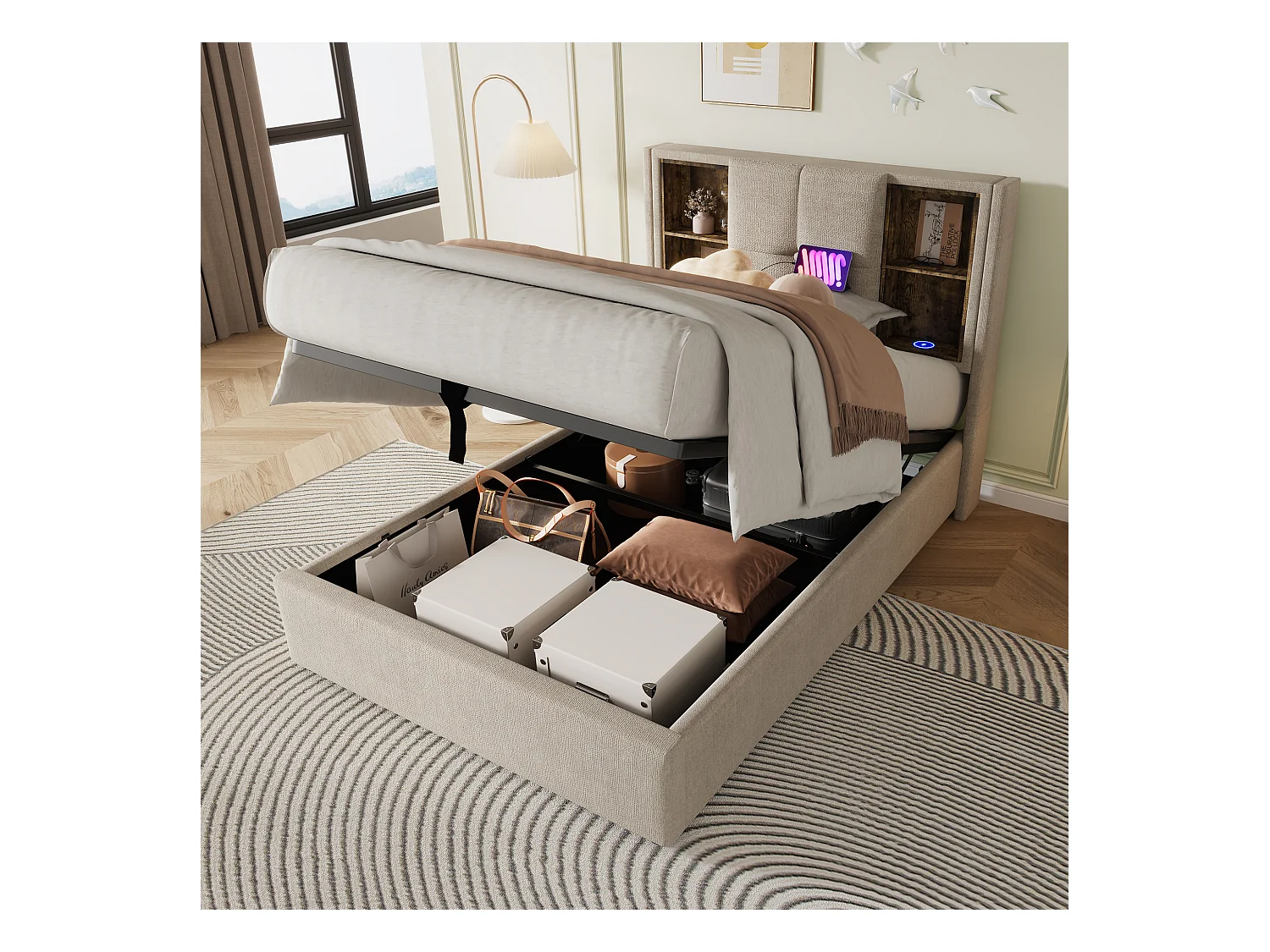 Lit coffre simple - 90 x 200 cm - avec recharge sans fil USB - avec matelas - tissu lin - naturel