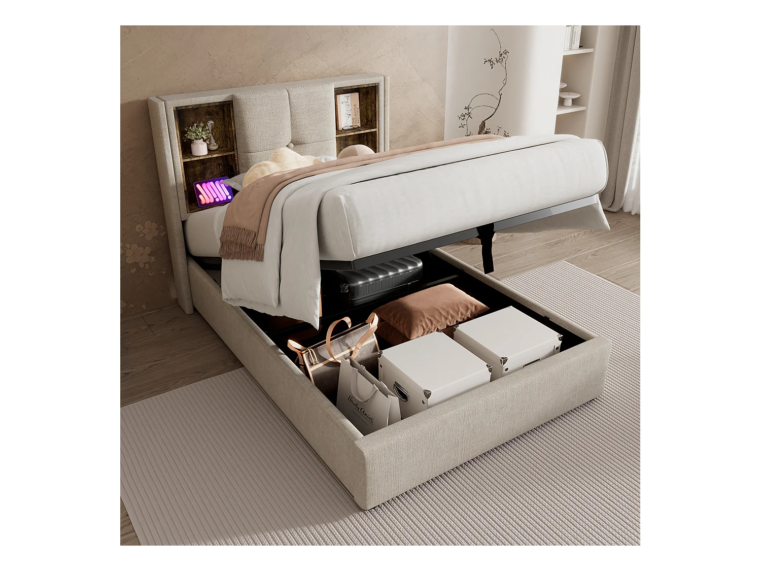 Lit coffre simple - 90 x 200 cm - avec recharge sans fil USB - avec matelas - tissu lin - naturel