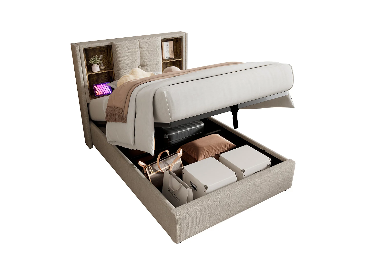 Lit coffre simple - 90 x 200 cm - avec recharge sans fil USB - avec matelas - tissu lin - naturel