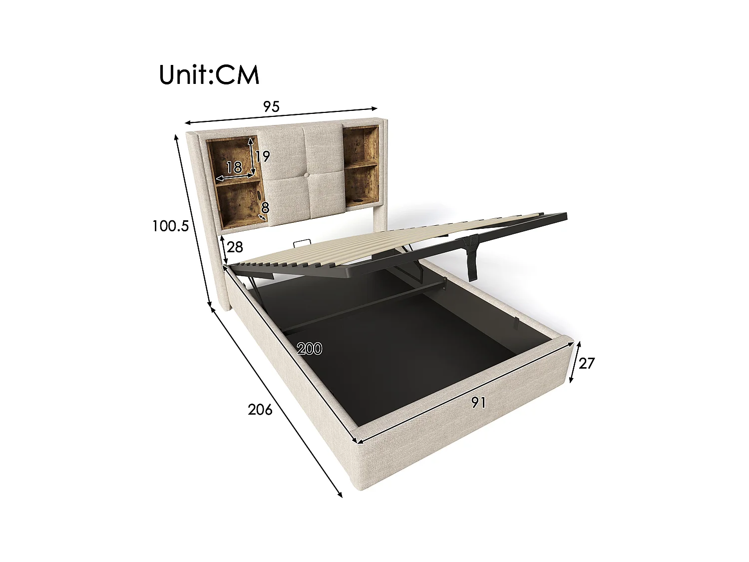 Einzelbett mit Stauraum - 90 x 200 cm - mit kabellosem USB-Ladegerät - mit Matratze - Leinenstoff - natur