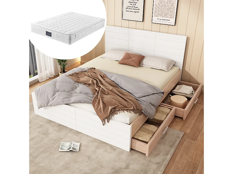 Doppelbett mit Stauraum - 140 x 200 cm - mit 2 Schubladen - mit Matratze - weiß