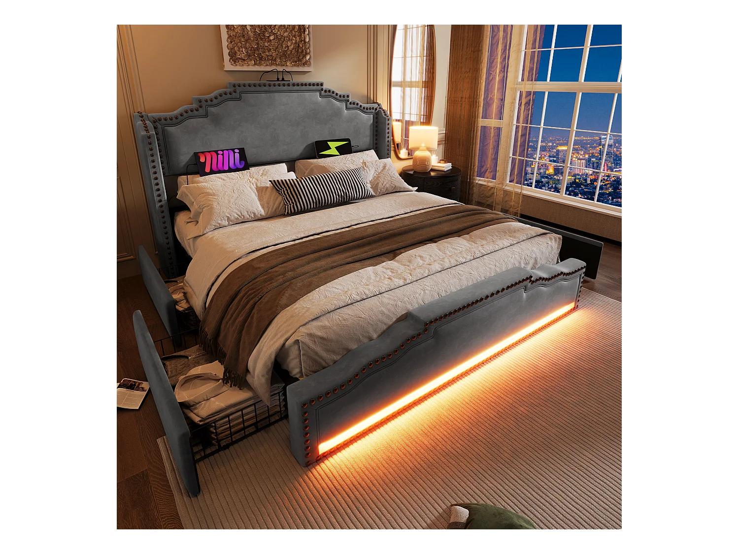 Lit coffre rembourré double - 160 x 200 cm - avec Leds + USB-C + 4 tiroirs - velours - gris