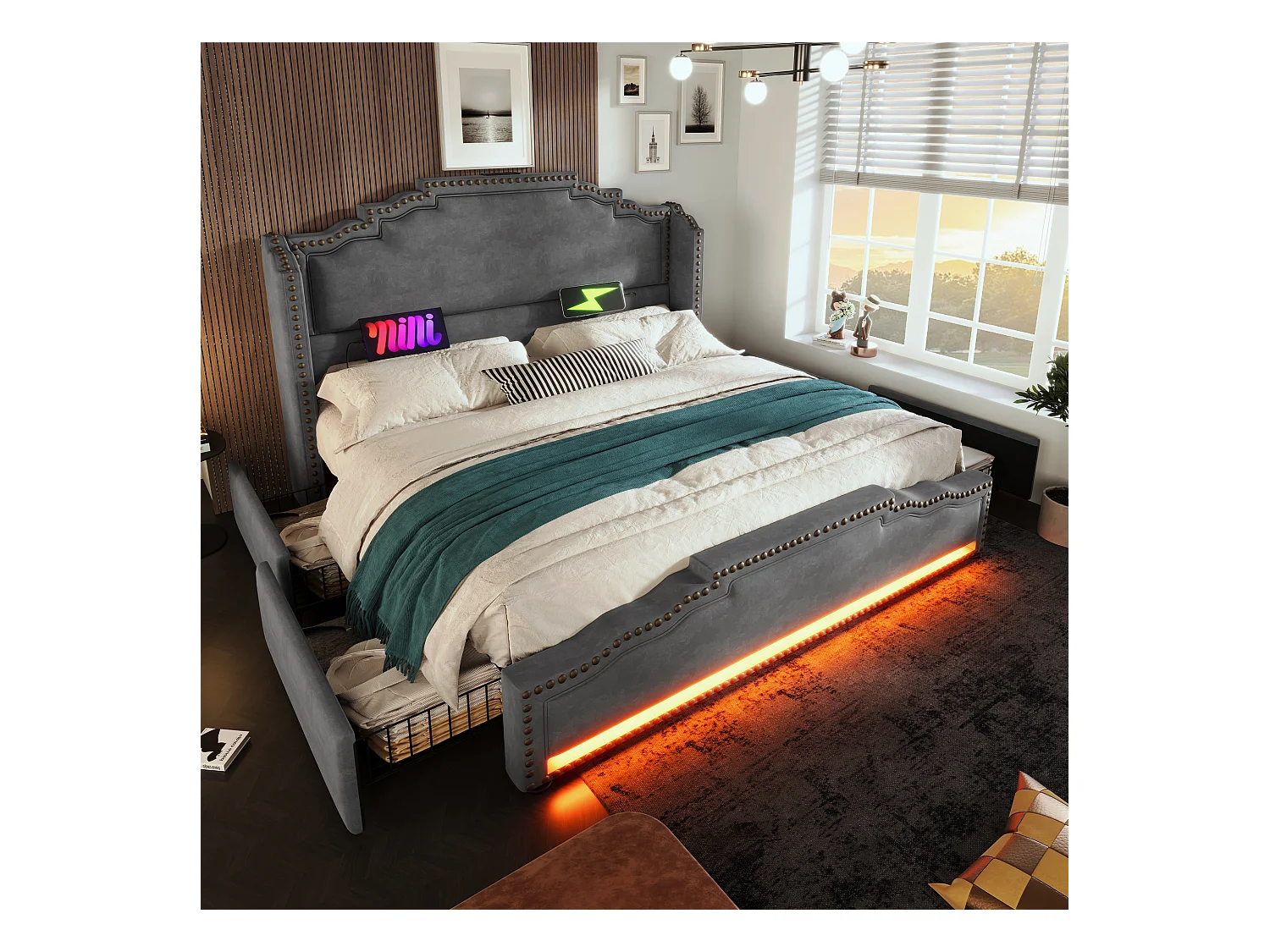 Lit coffre rembourré double - 160 x 200 cm - avec Leds + USB-C + 4 tiroirs - velours - gris