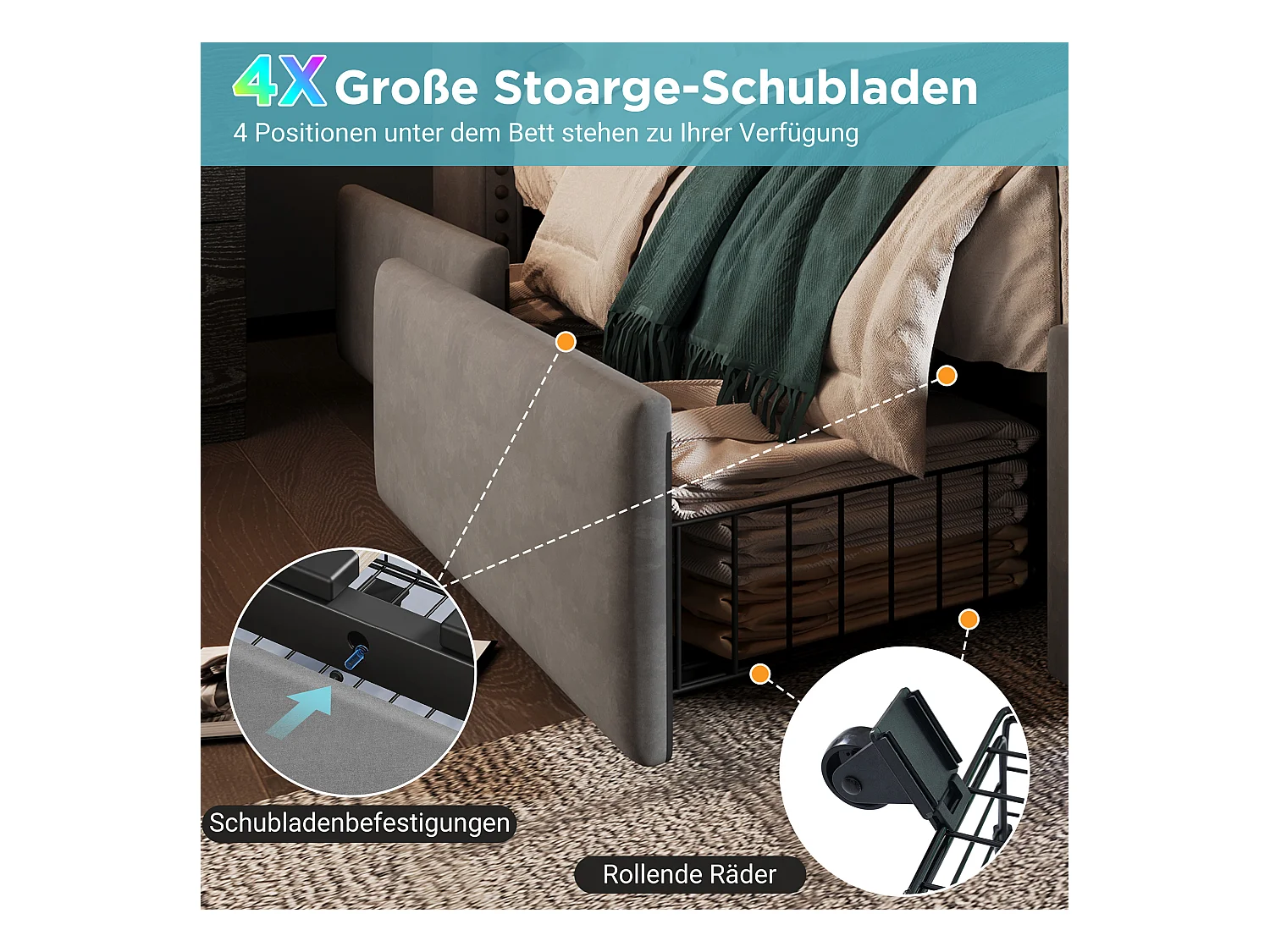 Lit coffre rembourré double - 180 x 200 cm - avec Leds + USB-C + 4 tiroirs - velours - gris