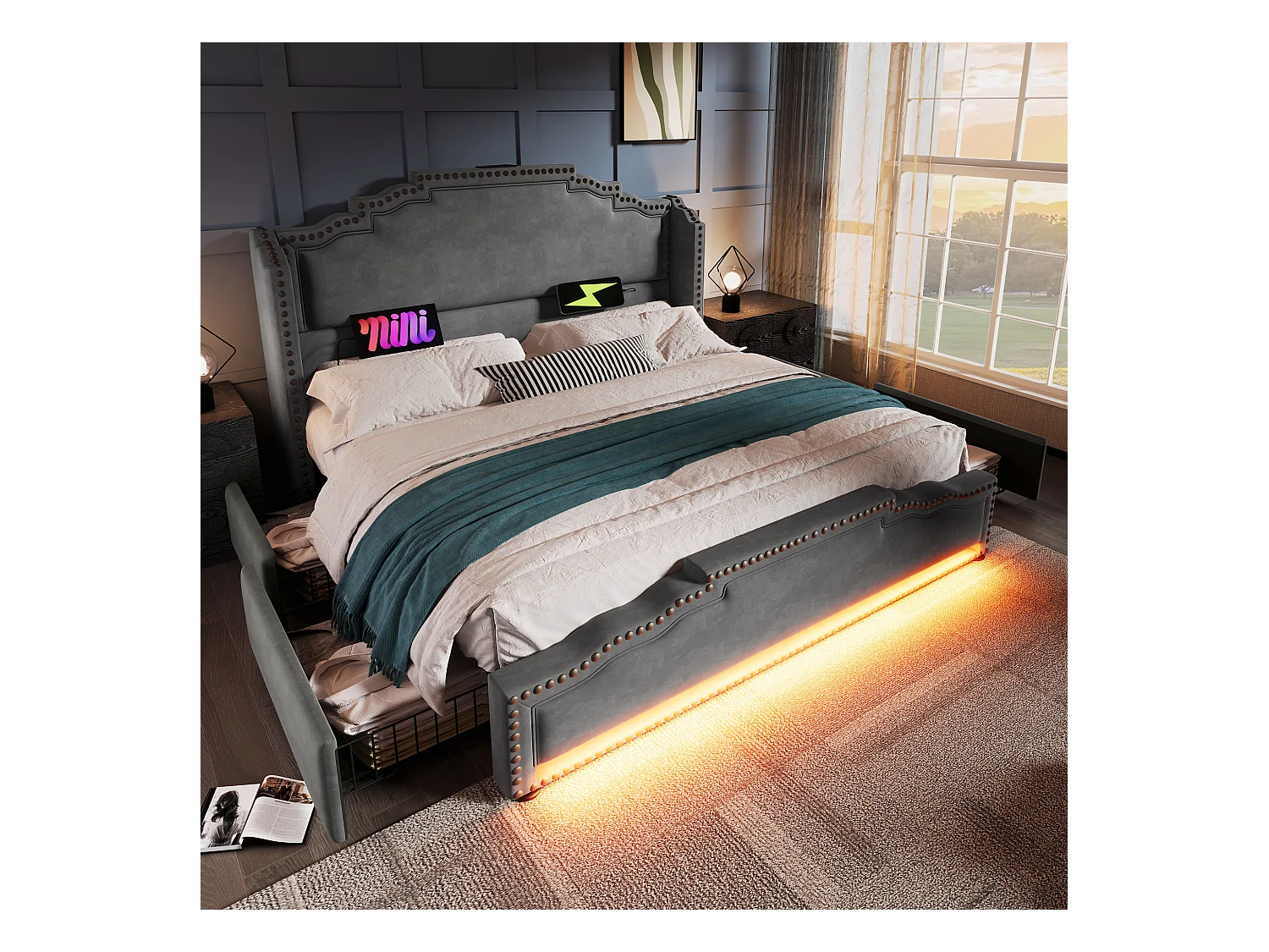 Cama de casal estofada com arrumação - 180 x 200 cm - com LEDs + USB-C + 4 gavetas - veludo - cinza