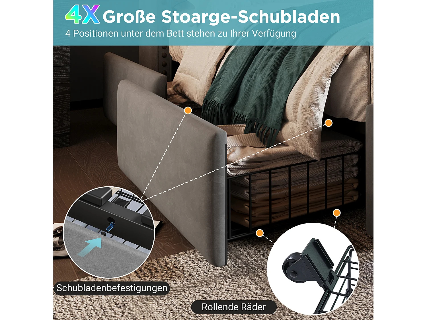 Letto contenitore matrimoniale imbottito - 180 x 200 cm - con LED + USB-C + 4 cassetti - velluto - grigio