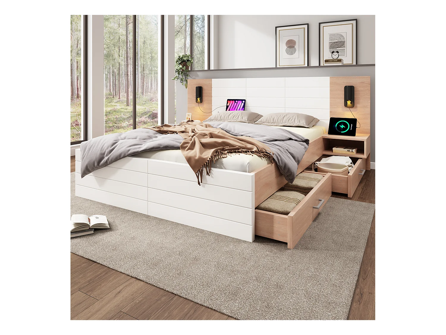 Łóżko podwójne ze schowkiem - 140 x 200 cm - z 2 szufladami + zagłówkiem z diodami LED + USB - 2 szafki nocne - z materacem - białe