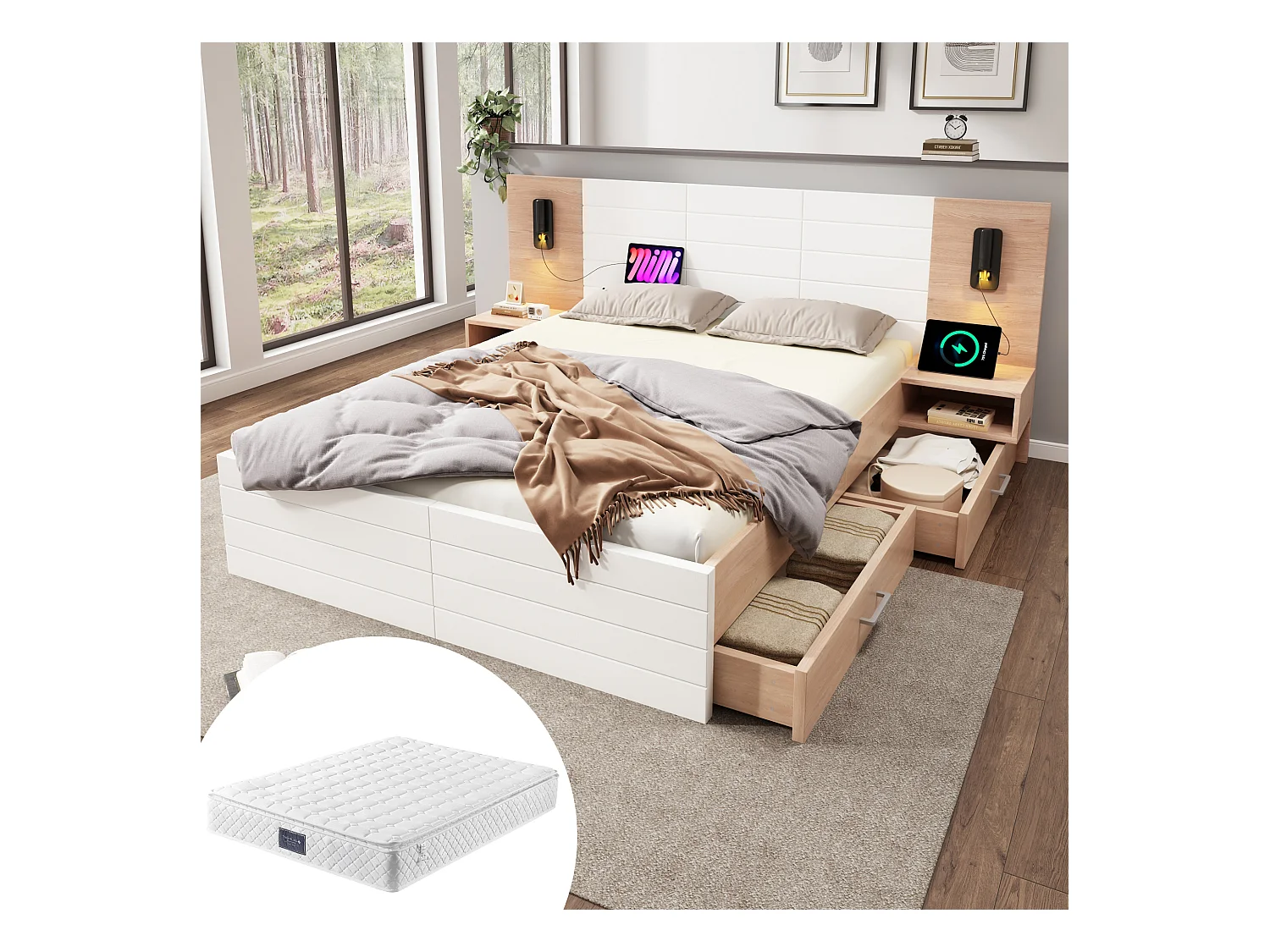 Lit coffre double - 140 x 200 cm - avec 2 tiroirs + tête de lit avec Leds + USB - 2 tables de chevet - avec matelas - Bois massif + MDF - blanc