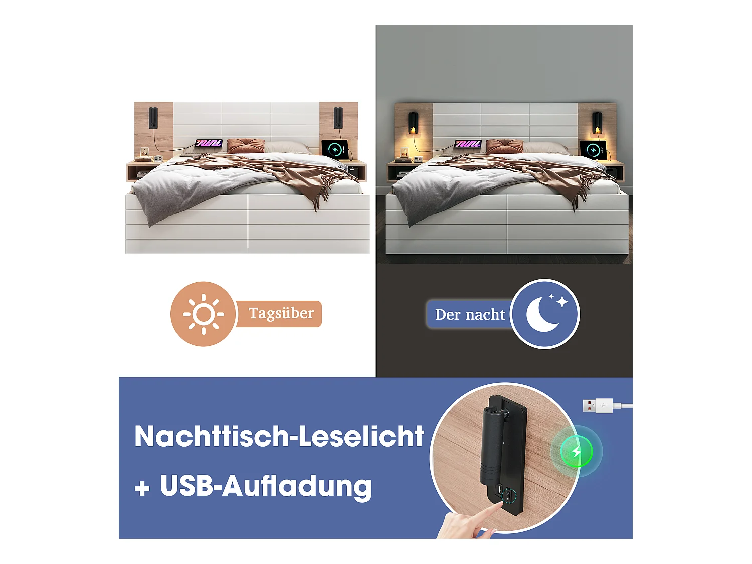 Letto contenitore matrimoniale - 140 x 200 cm - con 2 cassetti + testiera con LED + USB - 2 comodini - con materasso - bianco