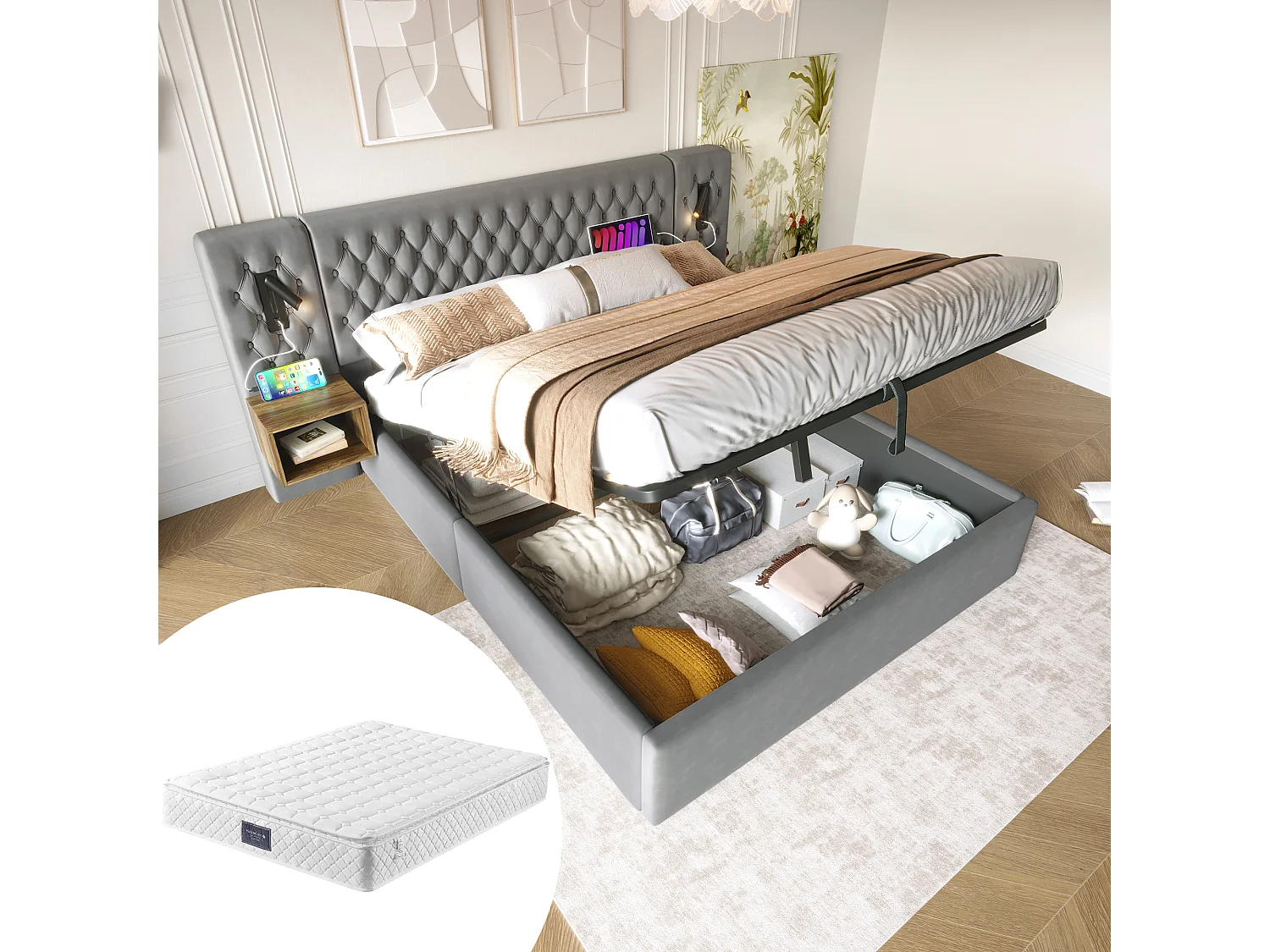 Łóżko tapicerowane ze schowkiem - 160 x 200 cm - z 2 szafkami nocnymi + zagłówkiem z diodami LED i USB - z materacem - aksamit - szare