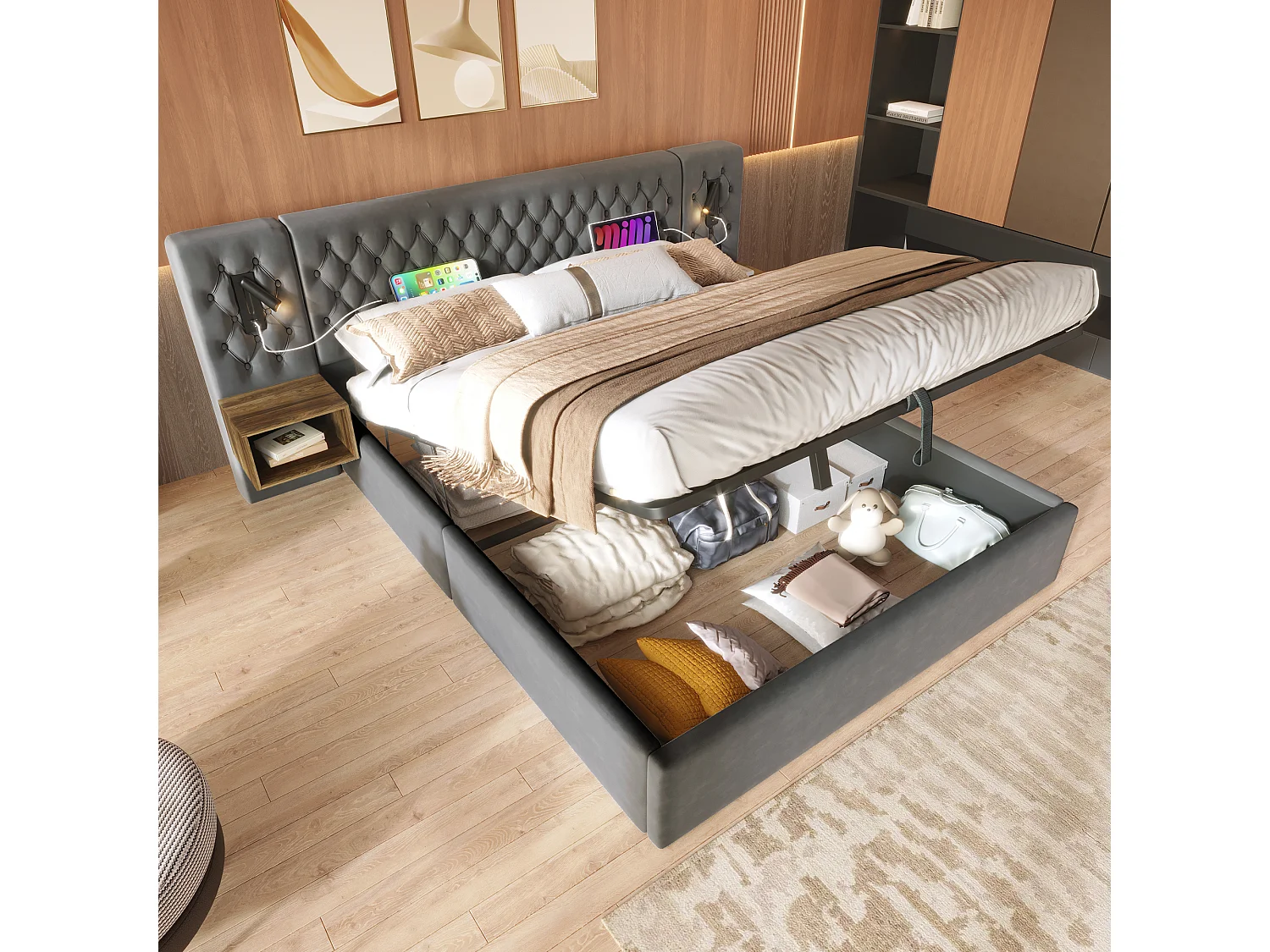 Łóżko tapicerowane ze schowkiem - 160 x 200 cm - z 2 szafkami nocnymi + zagłówkiem z diodami LED i USB - z materacem - aksamit - szare