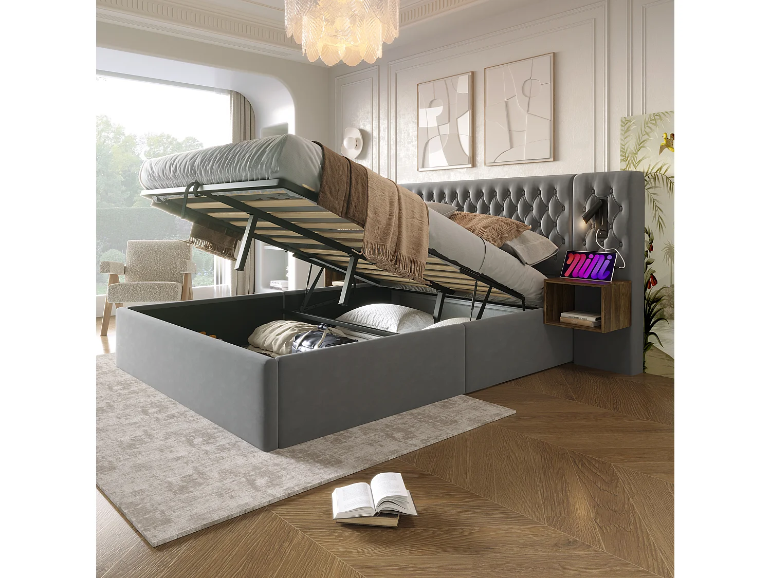 Łóżko tapicerowane ze schowkiem - 160 x 200 cm - z 2 szafkami nocnymi + zagłówkiem z diodami LED i USB - z materacem - aksamit - szare