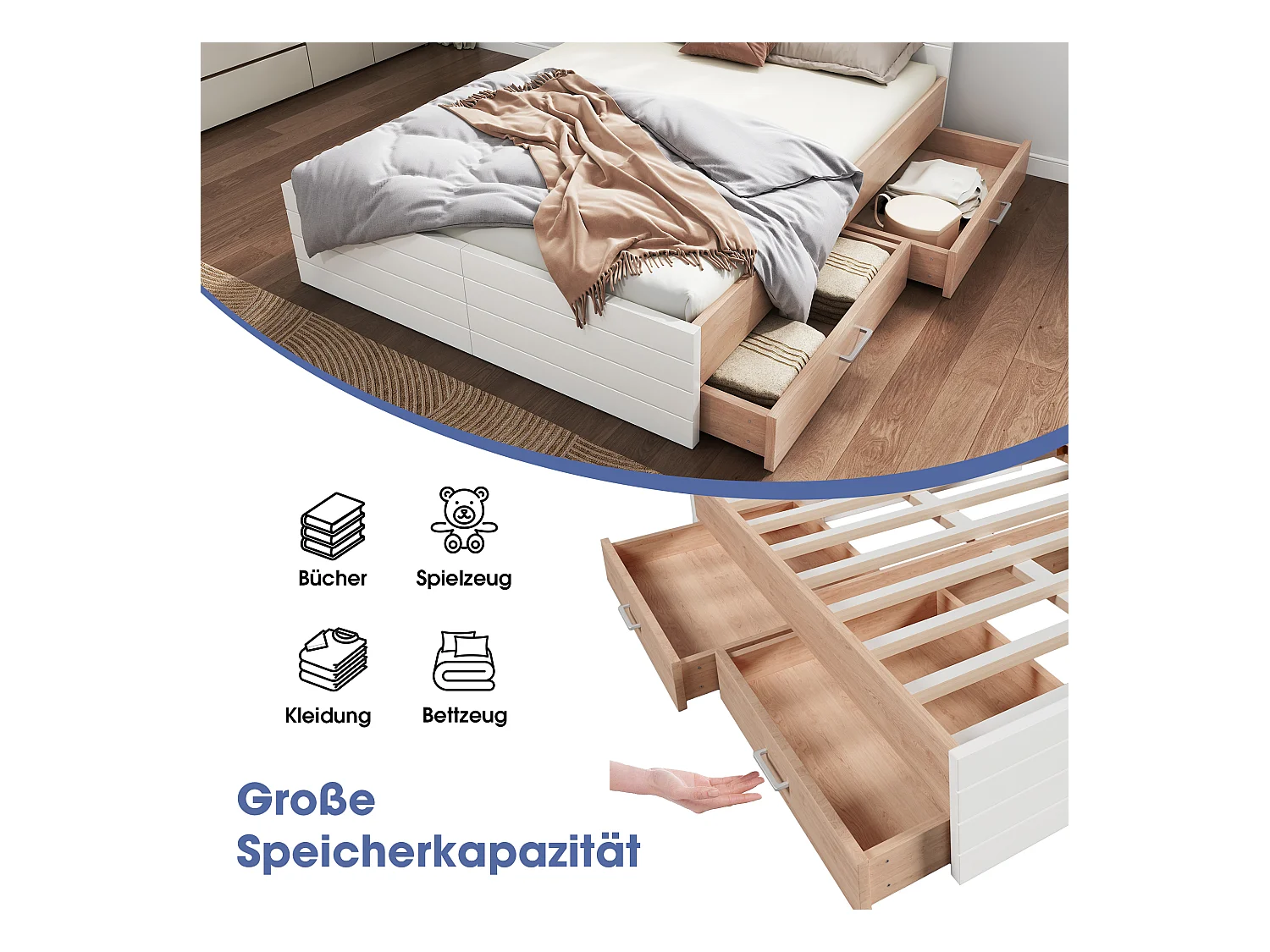 Łóżko podwójne ze schowkiem - 160 x 200 cm - z 2 szufladami - z materacem - białe