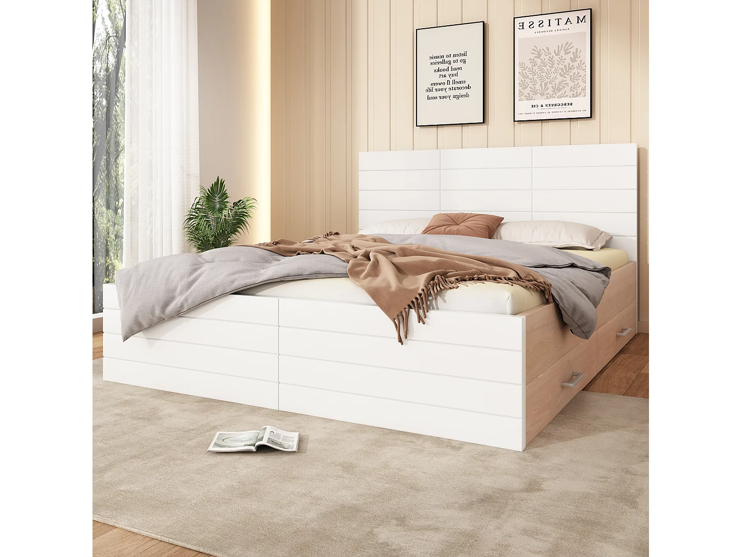 Cama de casal com arrumação - 160 x 200 cm - com 2 gavetas - com colchão - branca