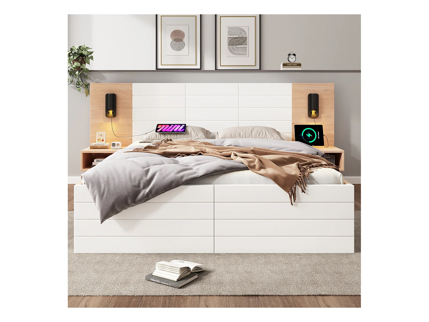 Łóżko podwójne ze schowkiem - 160 x 200 cm - z 2 szufladami + zagłówkiem z diodami LED + USB - 2 szafki nocne - z materacem - białe