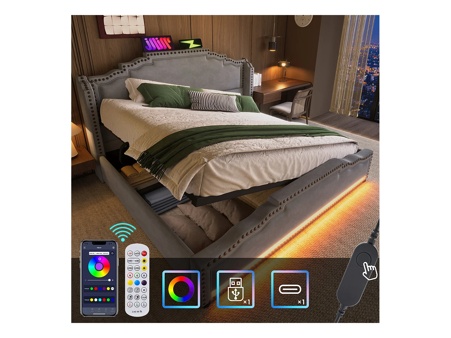 Lit coffre rembourré double - 140 x 200 cm - avec Leds + USB-C - velours - gris