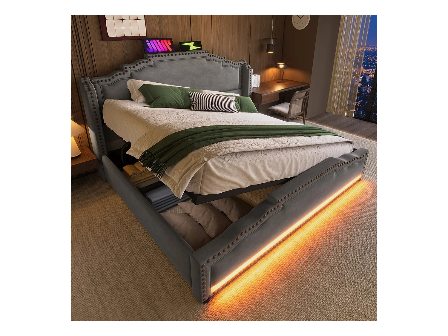 Cama doble tapizada con almacenaje - 140 x 200 cm - con LED y USB-C - terciopelo - gris