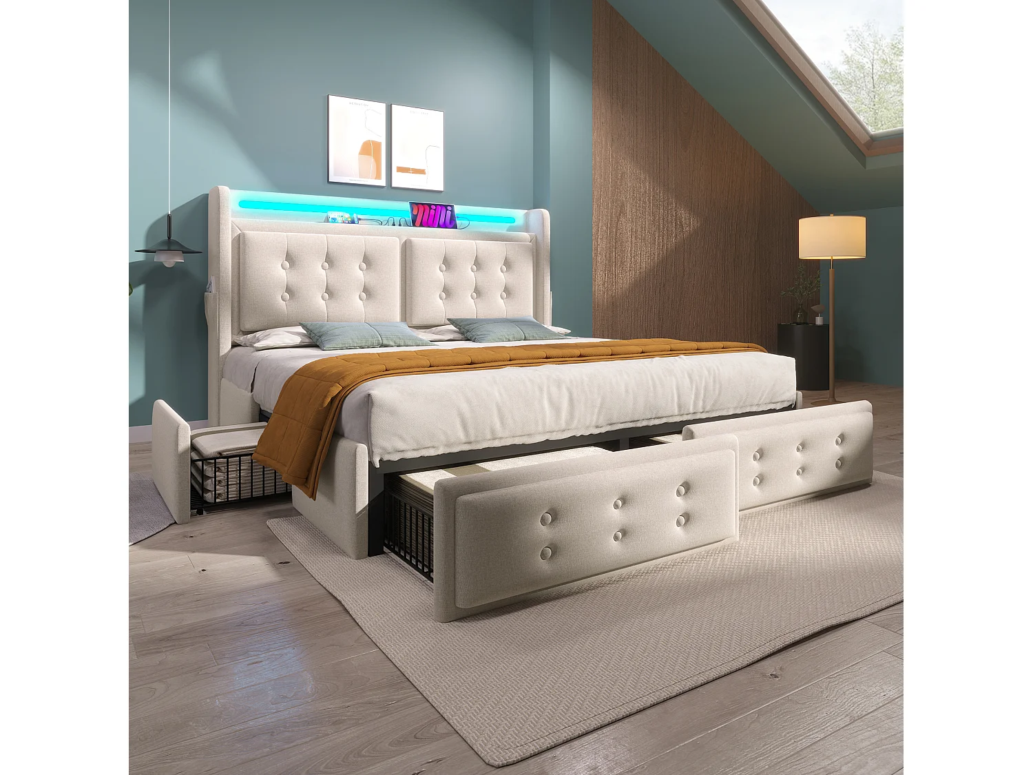 Lit coofre rembourré double - 160 x 200 - tête de lit avec Leds et USB + 4 tiroirs - avec matelas - Bois + Coton + Métal - beige