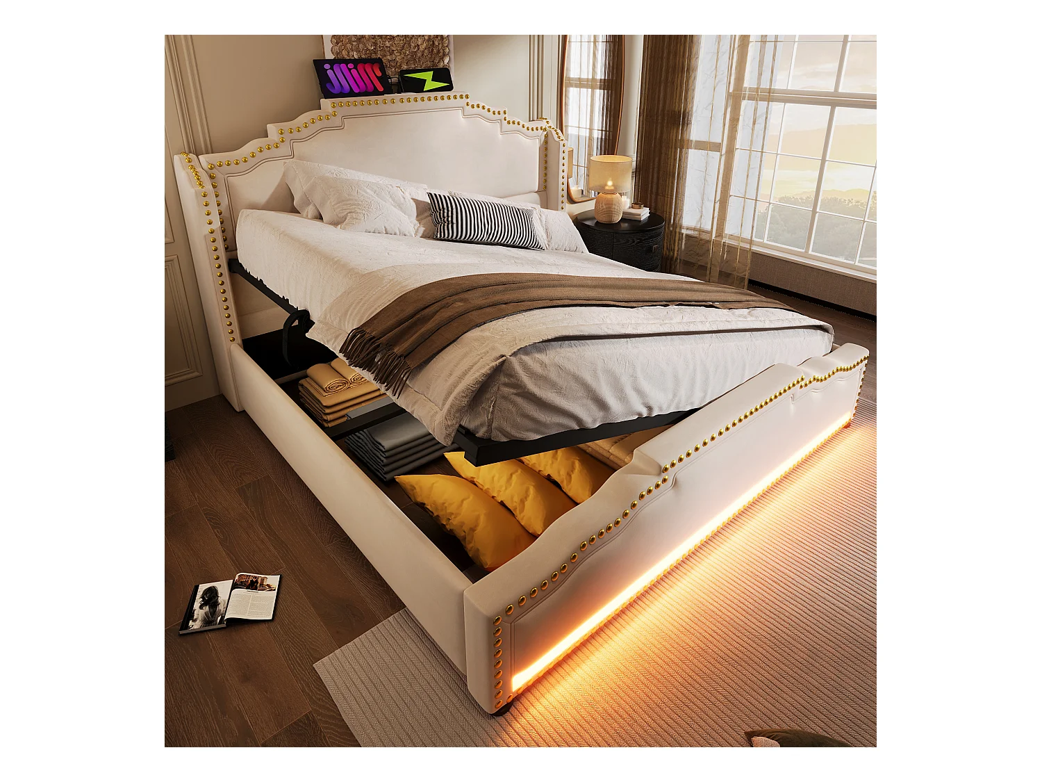 Lit coffre rembourré double - 160 x 200 cm - avec Leds + USB-C - velours - beige
