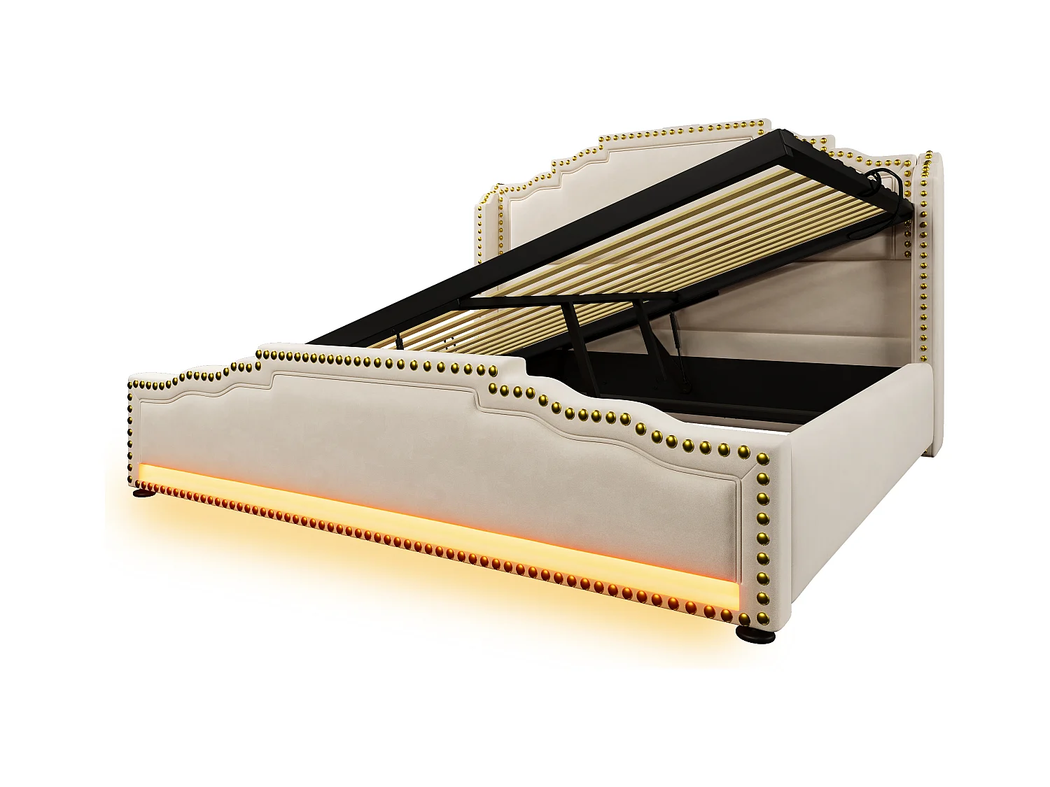 Lit coffre rembourré double - 160 x 200 cm - avec Leds + USB-C - velours - beige